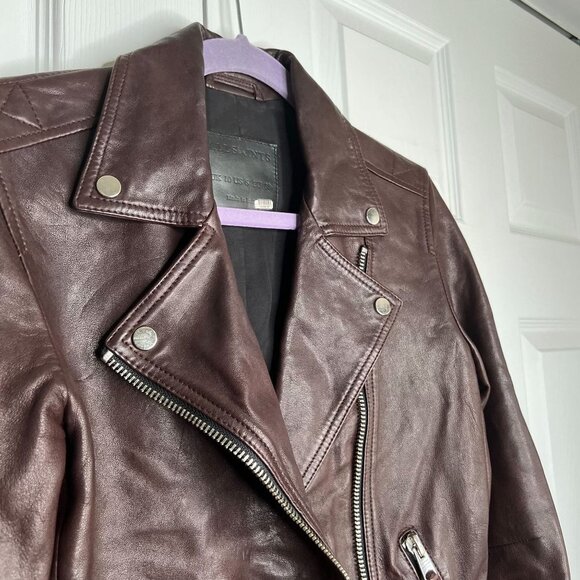 All Saints Dalby Dark Red Leather Long Sleeve Biker Jacket Women's Size 6 - Picture 9 of 15